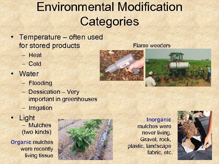 Environmental Modification Categories • Temperature – often used for stored products Flame weeders –