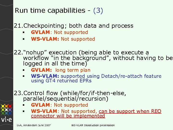 Run time capabilities - (3) 21. Checkpointing; both data and process GVLAM: Not supported