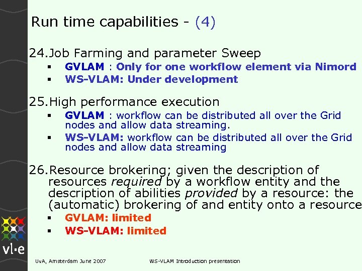 Run time capabilities - (4) 24. Job Farming and parameter Sweep GVLAM : Only