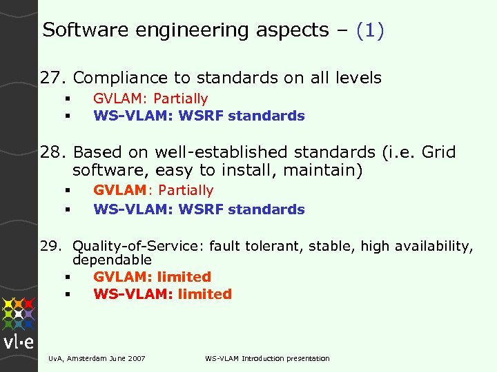 Software engineering aspects – (1) 27. Compliance to standards on all levels GVLAM: Partially