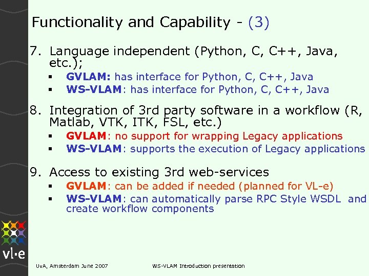 Functionality and Capability - (3) 7. Language independent (Python, C, C++, Java, etc. );