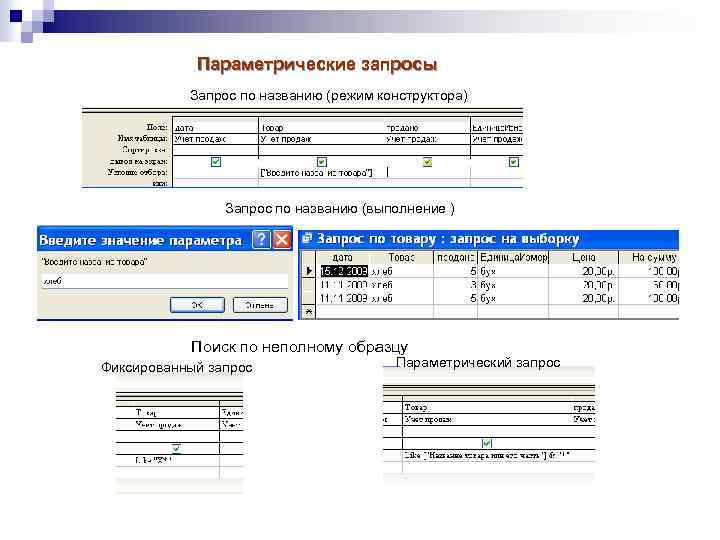 Параметрические запросы Запрос по названию (режим конструктора) Запрос по названию (выполнение ) Поиск по