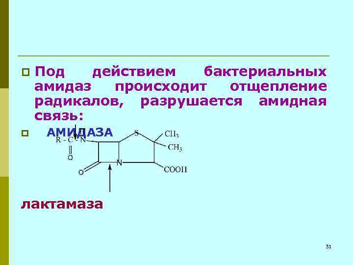 p Под действием бактериальных амидаз происходит отщепление радикалов, разрушается амидная связь: p АМИДАЗА лактамаза