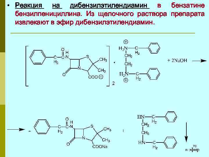  • Реакция на дибензилэтилендиамин в бензатине бензилпенициллина. Из щелочного раствора препарата извлекают в