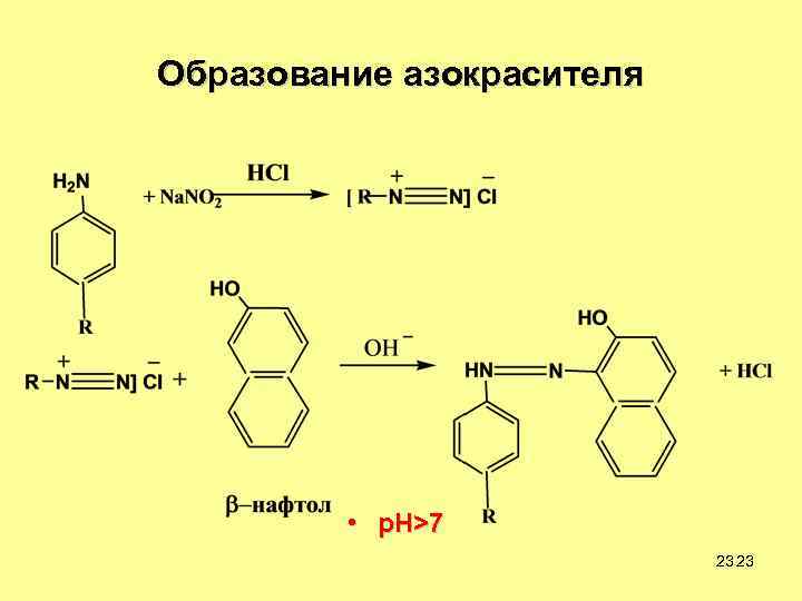 Образование азокрасителя • p. H>7 23 23 