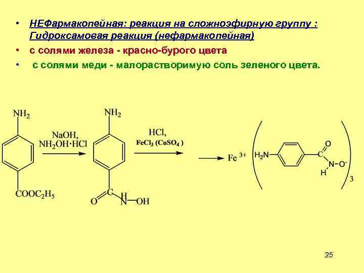  • НЕФармакопейная: реакция на сложноэфирную группу : Гидроксамовая реакция (нефармакопейная) • с солями