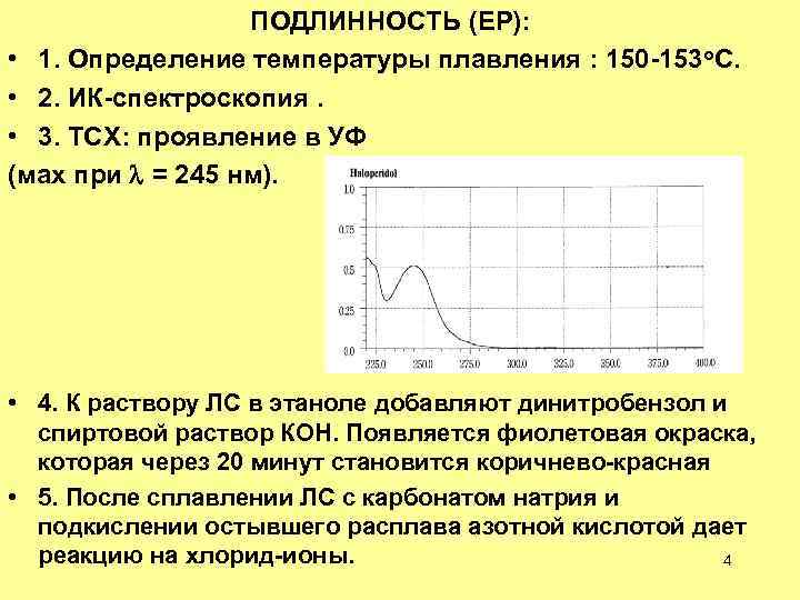 ПОДЛИННОСТЬ (ЕР): • 1. Определение температуры плавления : 150 -153 о. С. • 2.