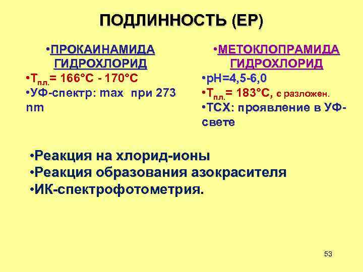 ПОДЛИННОСТЬ (ЕР) • ПРОКАИНАМИДА ГИДРОХЛОРИД • Тпл. = 166°C - 170°C • УФ-спектр: max