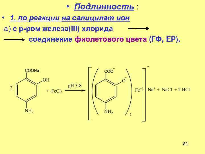  • Подлинность : • 1. по реакции на салицилат ион а) с р-ром