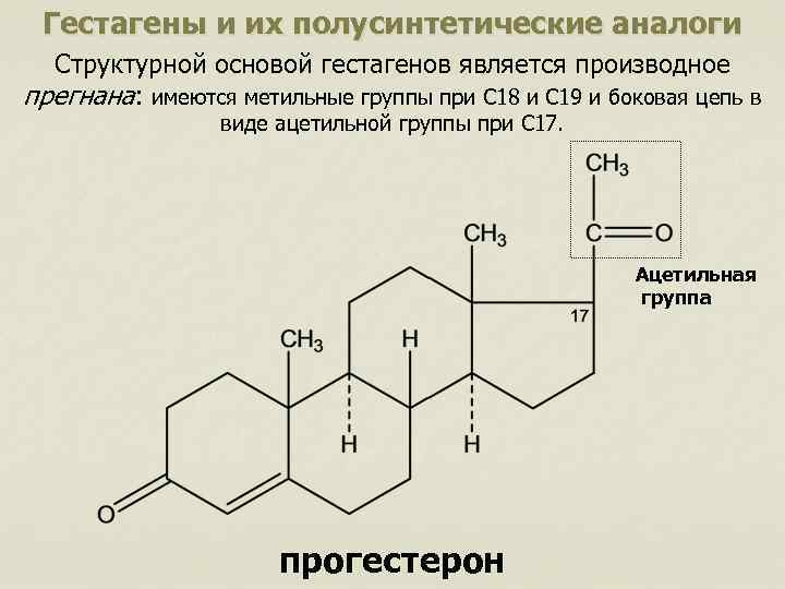 Гестагены и их полусинтетические аналоги Структурной основой гестагенов является производное прегнана: имеются метильные группы