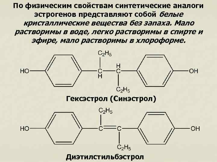 По физическим свойствам синтетические аналоги эстрогенов представляют собой белые кристаллические вещества без запаха. Мало