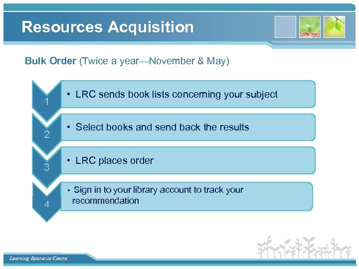 Resources Acquisition Bulk Order (Twice a year—November & May) 1 2 3 • LRC