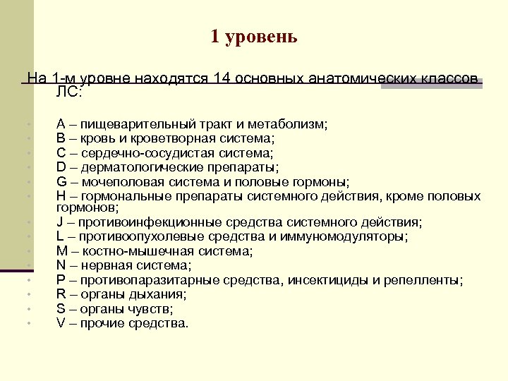 1 уровень На 1 -м уровне находятся 14 основных анатомических классов ЛС: • •