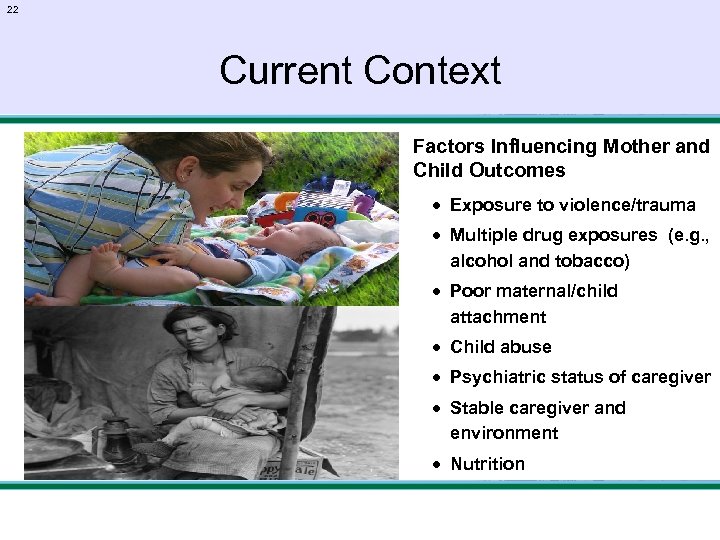 22 Current Context Factors Influencing Mother and Child Outcomes · Exposure to violence/trauma ·