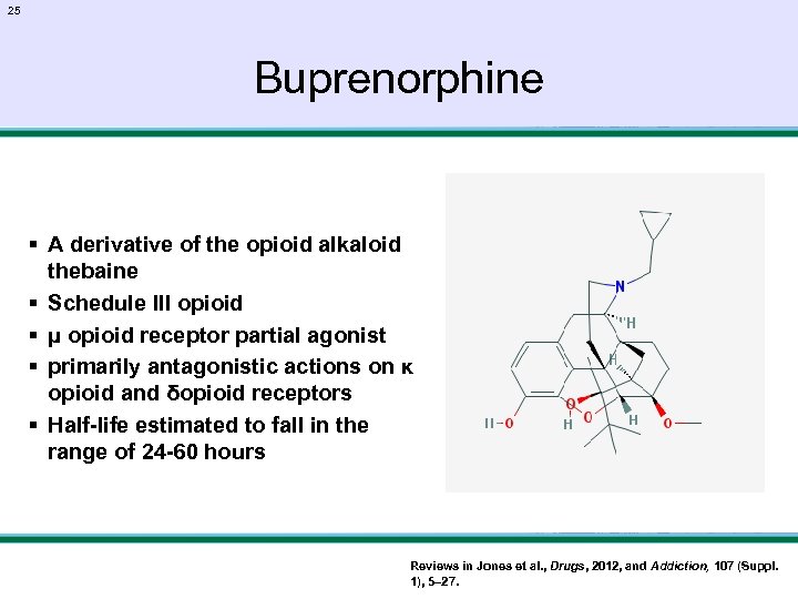 25 Buprenorphine § A derivative of the opioid alkaloid thebaine § Schedule III opioid