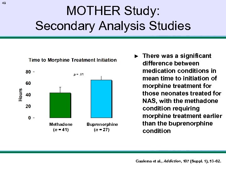 49 MOTHER Study: Secondary Analysis Studies ► p =. 01 Methadone (n = 41)
