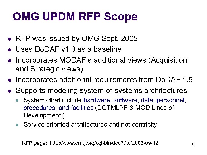 OMG UPDM RFP Scope l l l RFP was issued by OMG Sept. 2005