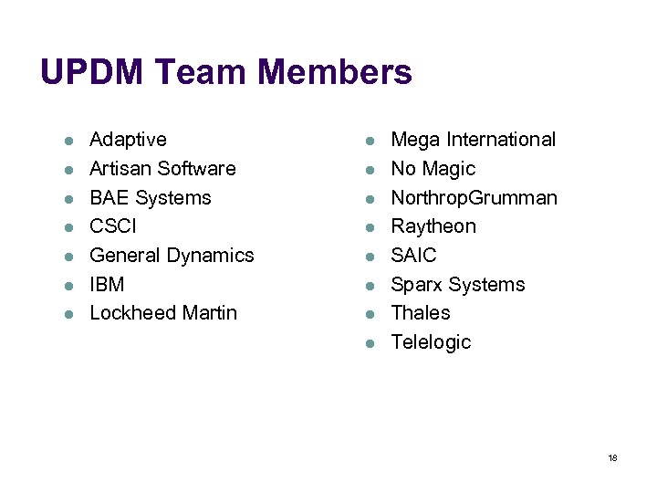 UPDM Team Members l l l l Adaptive Artisan Software BAE Systems CSCI General