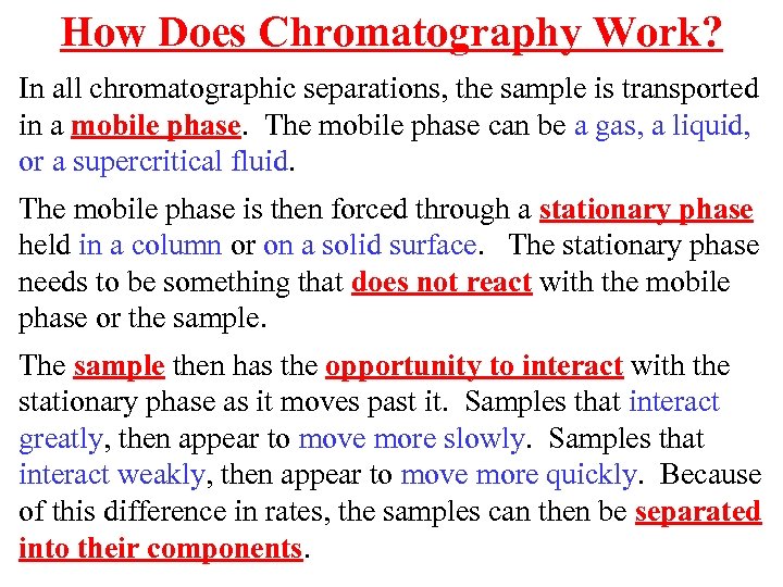 How Does Chromatography Work? In all chromatographic separations, the sample is transported in a