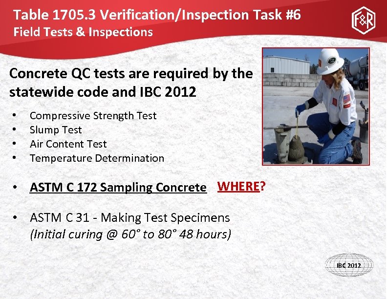 Table 1705. 3 Verification/Inspection Task #6 Field Tests & Inspections Concrete QC tests are