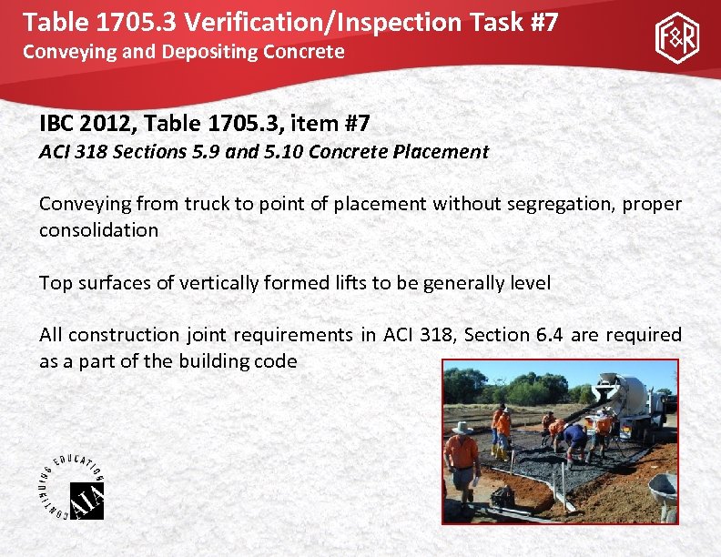 Table 1705. 3 Verification/Inspection Task #7 Conveying and Depositing Concrete IBC 2012, Table 1705.