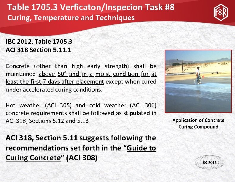 Table 1705. 3 Verficaton/Inspecion Task #8 Curing, Temperature and Techniques IBC 2012, Table 1705.