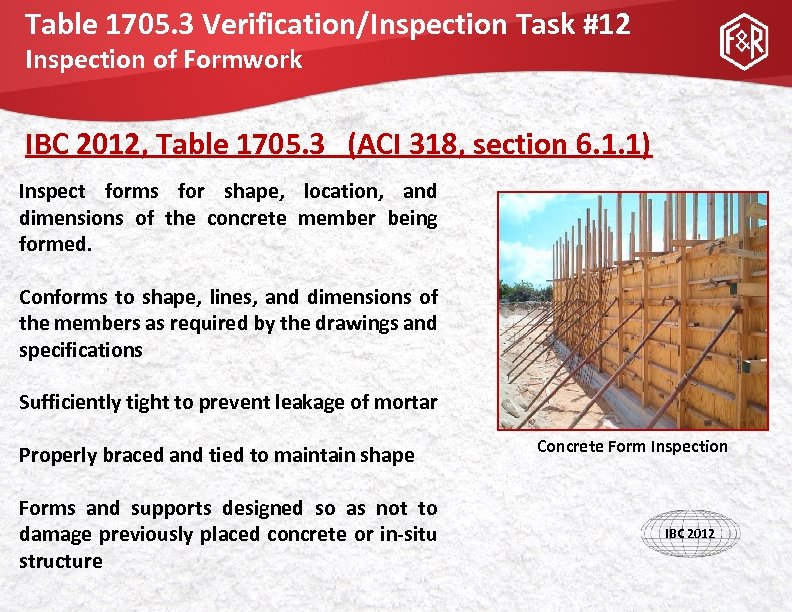 Table 1705. 3 Verification/Inspection Task #12 Inspection of Formwork IBC 2012, Table 1705. 3