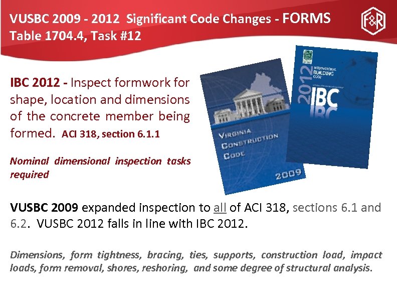 VUSBC 2009 - 2012 Significant Code Changes - FORMS Table 1704. 4, Task #12