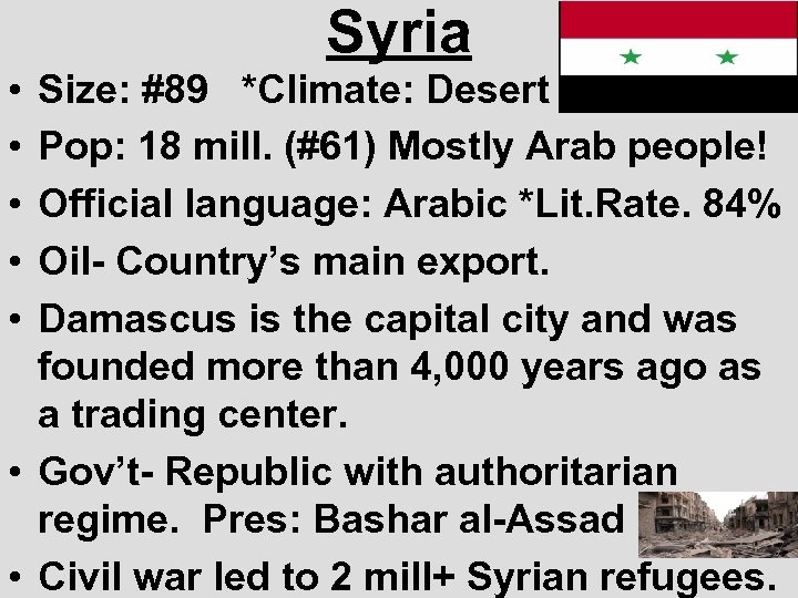 Syria • • • Size: #89 *Climate: Desert Pop: 18 mill. (#61) Mostly Arab