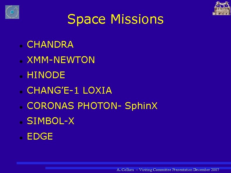 Space Missions CHANDRA XMM-NEWTON HINODE CHANG’E-1 LOXIA CORONAS PHOTON- Sphin. X SIMBOL-X EDGE A.
