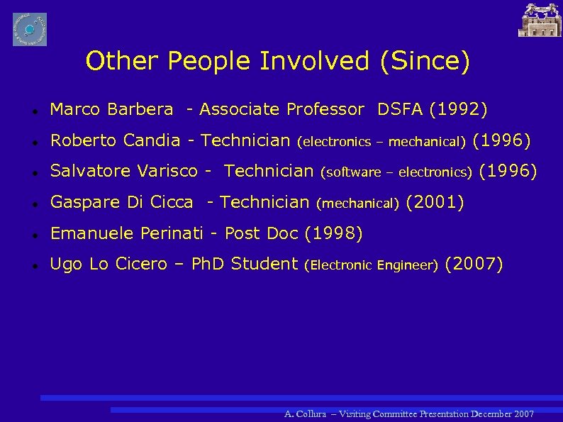 Other People Involved (Since) Marco Barbera - Associate Professor DSFA (1992) Roberto Candia -