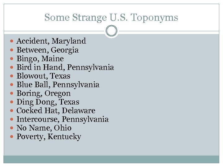 Some Strange U. S. Toponyms Accident, Maryland Between, Georgia Bingo, Maine Bird in Hand,