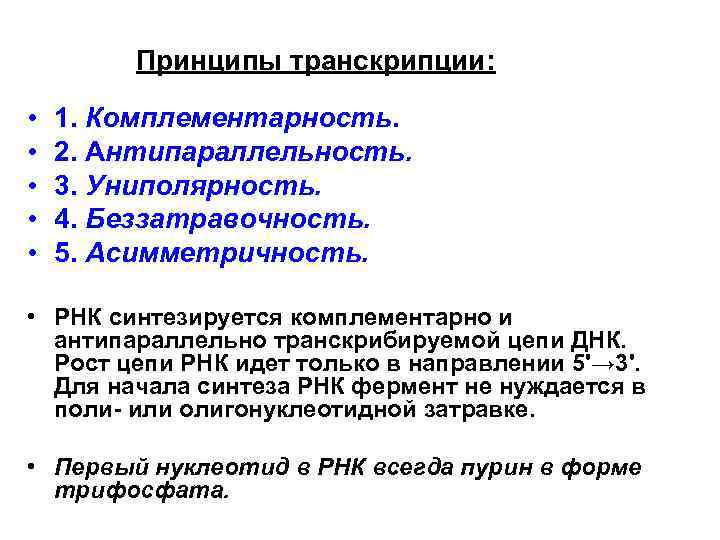 Принципы транскрипции: • • • 1. Комплементарность. 2. Антипараллельность. 3. Униполярность. 4. Беззатравочность. 5.