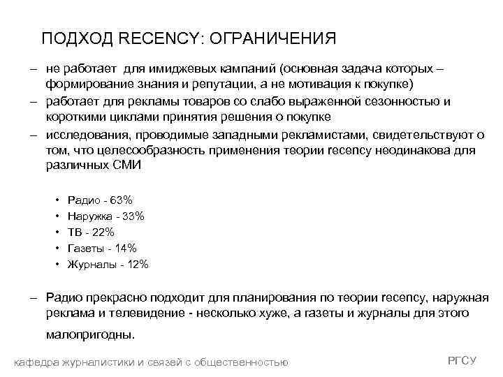 ПОДХОД RECENCY: ОГРАНИЧЕНИЯ – не работает для имиджевых кампаний (основная задача которых – формирование
