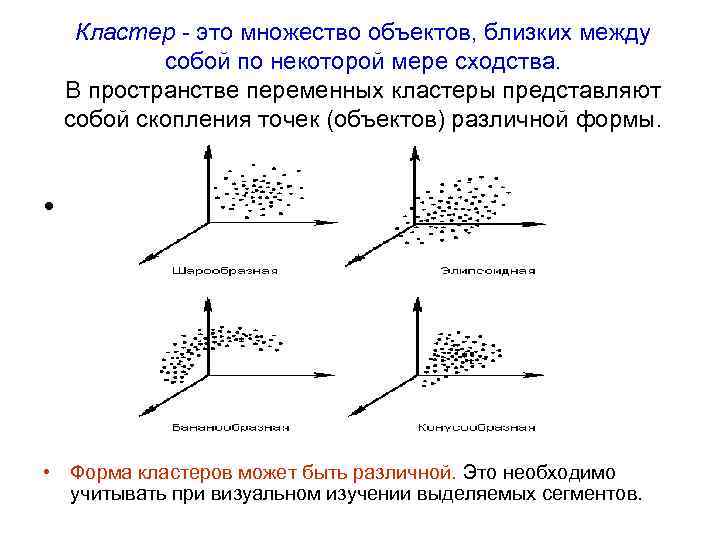 Кластер - это множество объектов, близких между собой по некоторой мере сходства. В пространстве