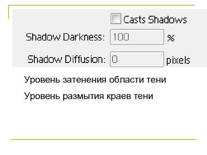 Уровень затенения области тени Уровень размытия краев тени 