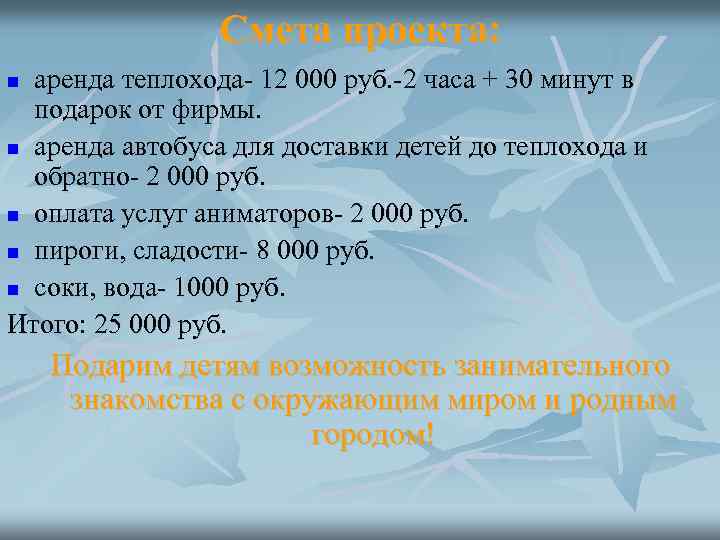 Смета проекта: аренда теплохода- 12 000 руб. -2 часа + 30 минут в подарок