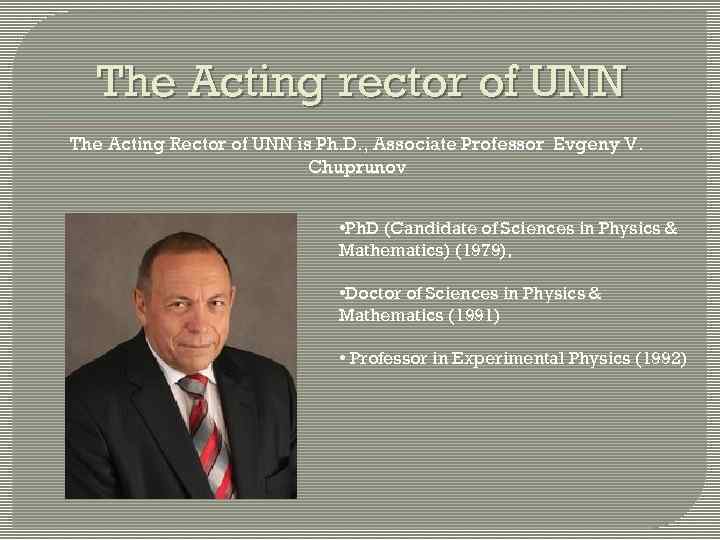 The Acting rector of UNN The Acting Rector of UNN is Ph. D. ,