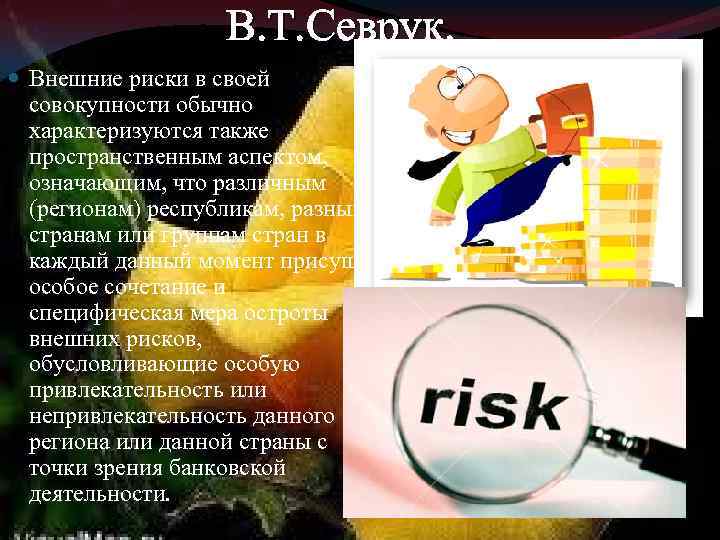 В. Т. Севрук. Внешние риски в своей совокупности обычно характеризуются также пространственным аспектом, означающим,