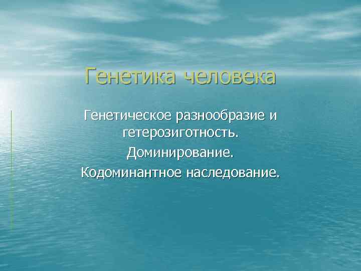 Генетика человека Генетическое разнообразие и гетерозиготность. Доминирование. Кодоминантное наследование. 