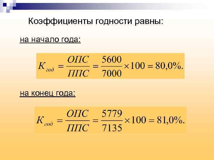 Коэффициенты годности равны: на начало года: на конец года: 