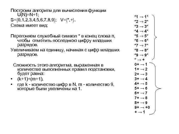 Построим алгоритм для вычисления функции U(N)=N+1; S={0, 1, 2, 3, 4, 5, 6, 7,