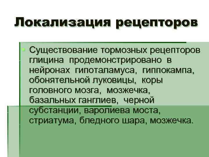 Локализация рецепторов § Существование тормозных рецепторов глицина продемонстрировано в нейронах гипоталамуса, гиппокампа, обонятельной луковицы,
