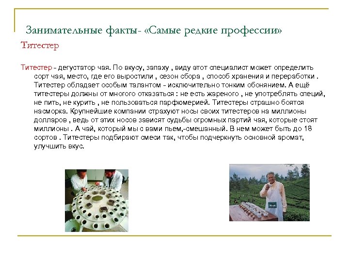 Занимательные факты- «Самые редкие профессии» Титестер - дегустатор чая. По вкусу, запаху , виду