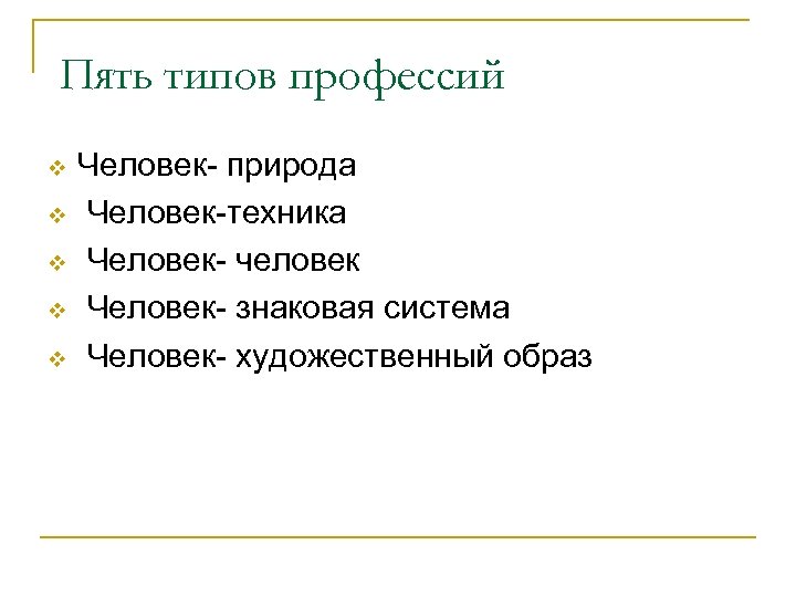 Пять типов профессий v v v Человек- природа Человек-техника Человек- человек Человек- знаковая система