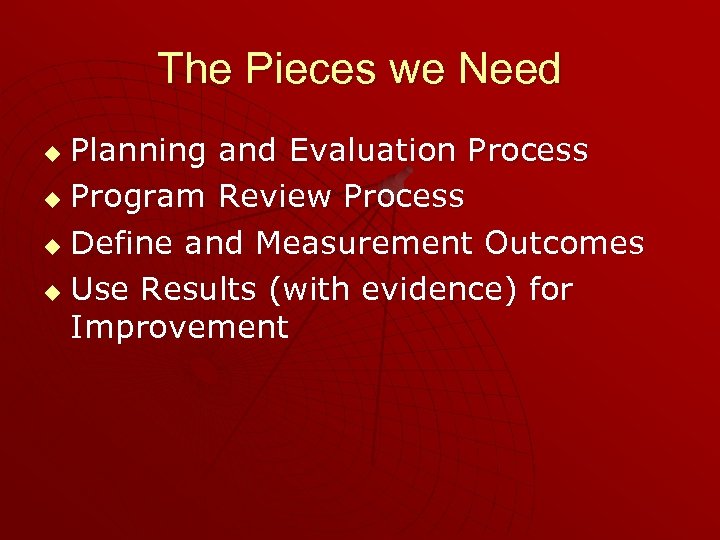 The Pieces we Need Planning and Evaluation Process u Program Review Process u Define