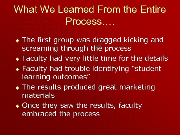 What We Learned From the Entire Process…. u u u The first group was