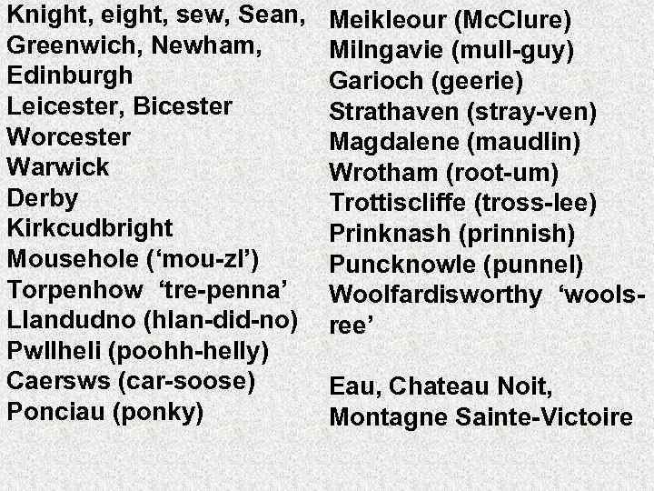 Knight, eight, sew, Sean, Greenwich, Newham, Edinburgh Leicester, Bicester Worcester Warwick Derby Kirkcudbright Mousehole