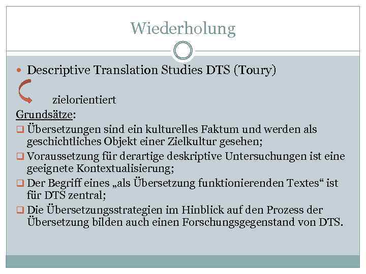 Wiederholung Descriptive Translation Studies DTS (Toury) zielorientiert Grundsätze: q Übersetzungen sind ein kulturelles Faktum