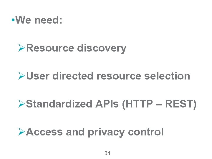  • We need: ØResource discovery ØUser directed resource selection ØStandardized APIs (HTTP –